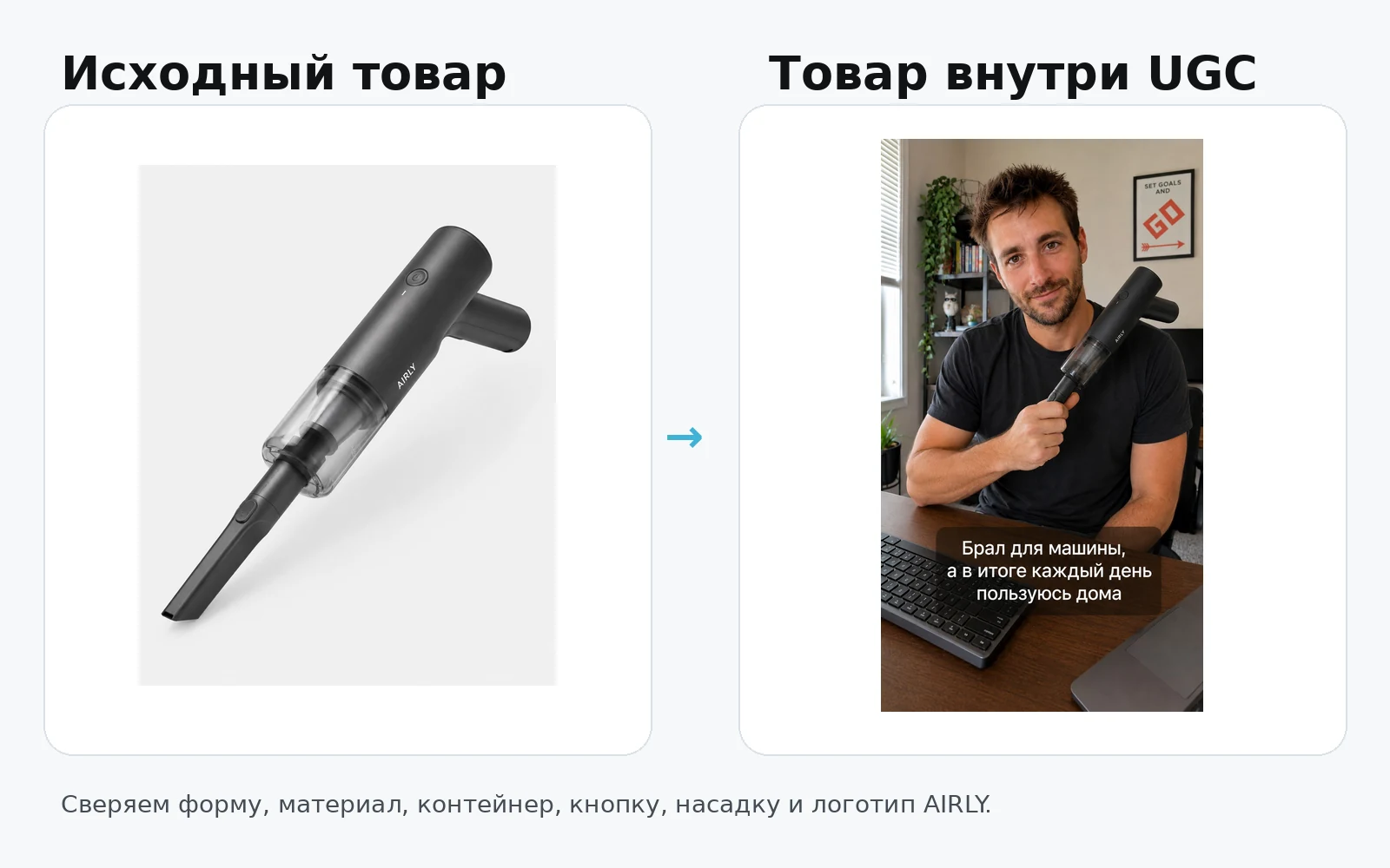 Сравнение: исходный товар AIRLY и тот же товар внутри UGC-сцены