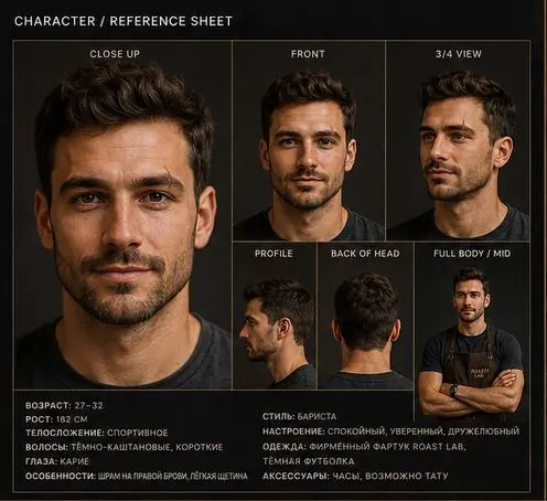 Character reference sheet AI-бариста ROAST LAB